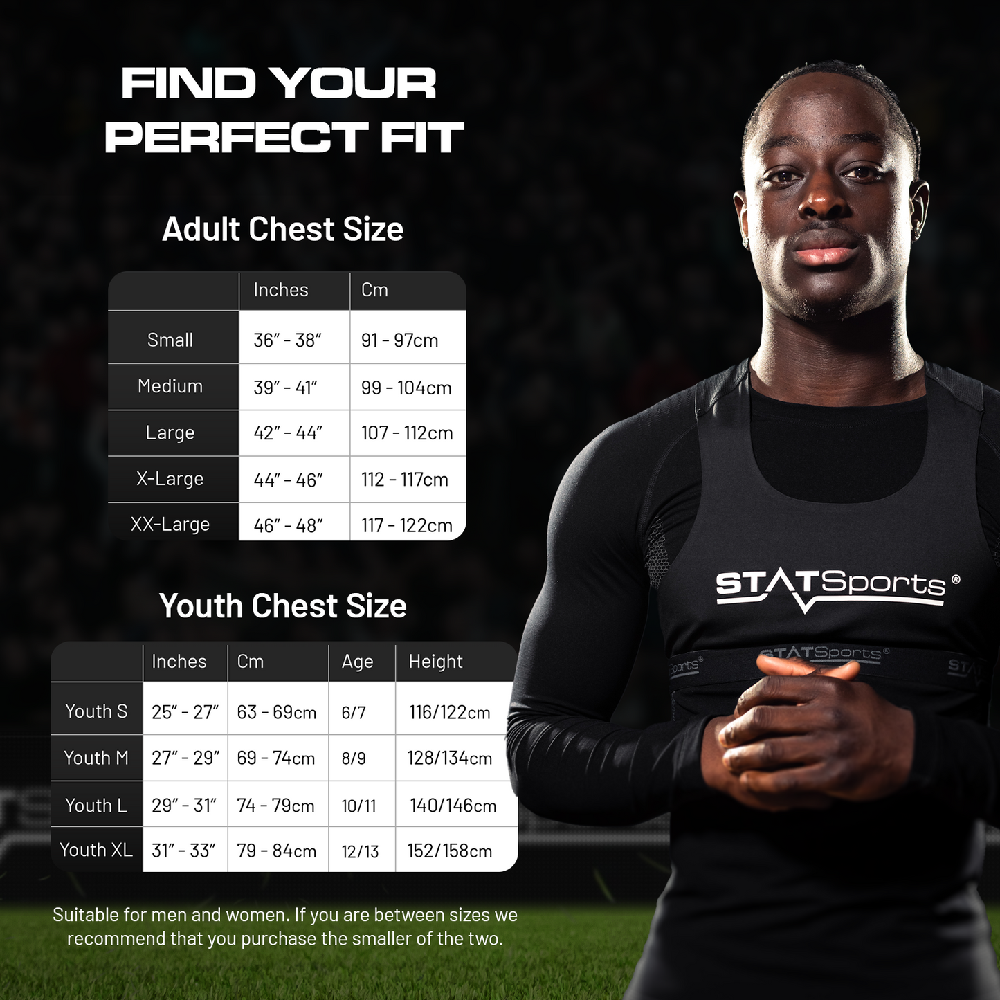 Adult chest size guide for fitting the STATSports Academy vest