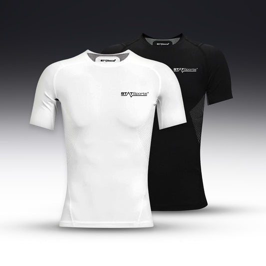 Black and white STATSports short sleeve baselayers shown together