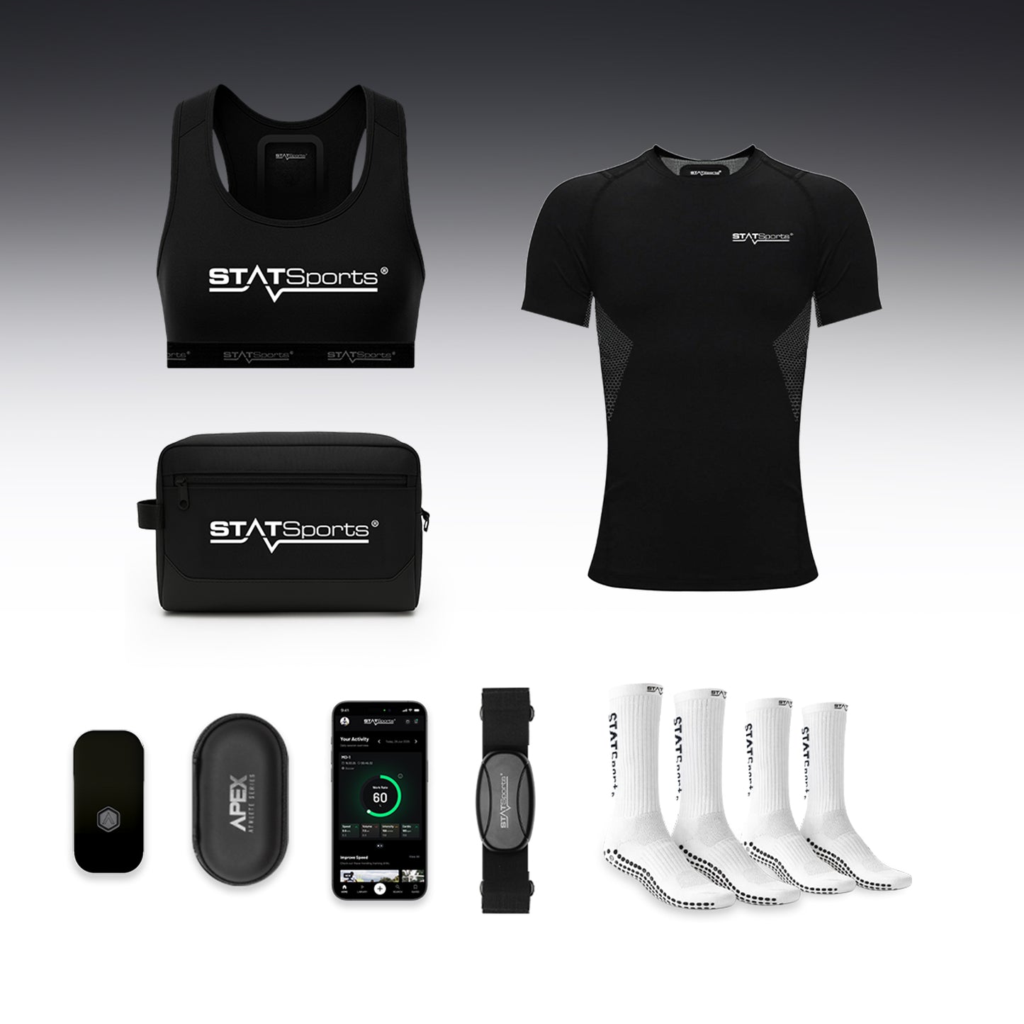 STATSports Academy Elite pack contents arranged with apparel, GPS pod and accessories