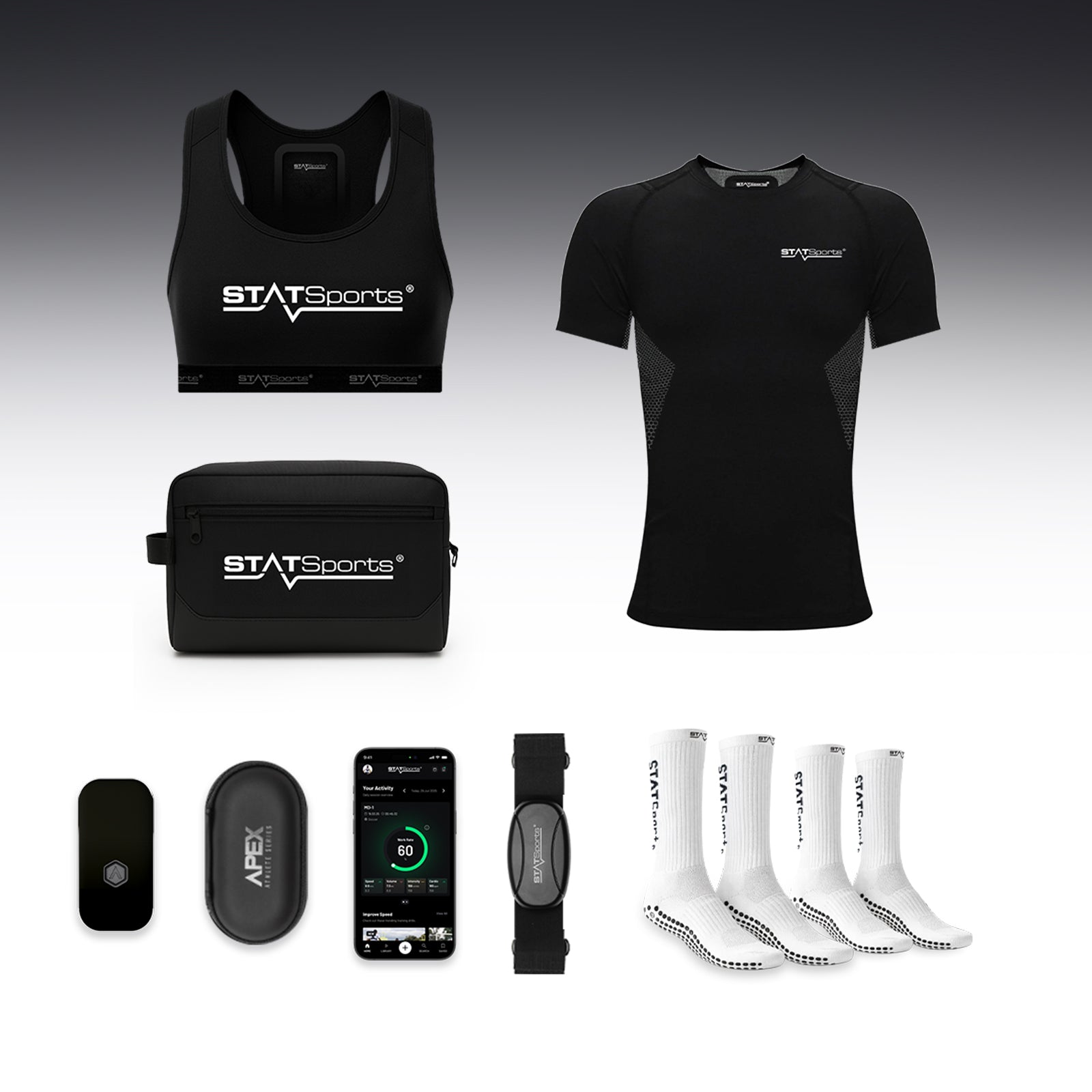STATSports Academy Elite pack contents arranged with apparel, GPS pod and accessories