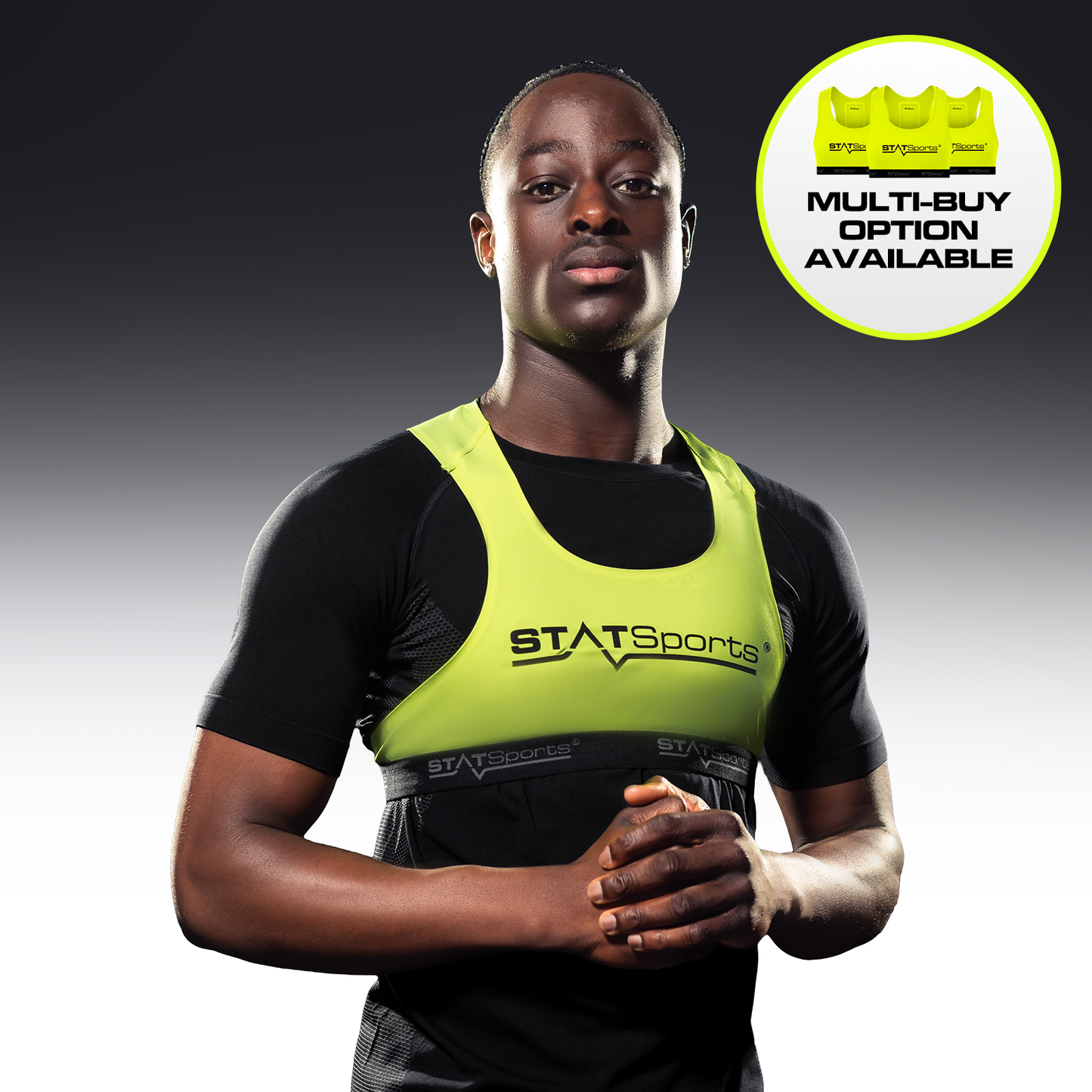 Athlete wearing the limited edition yellow STATSports GPS vest, front view
